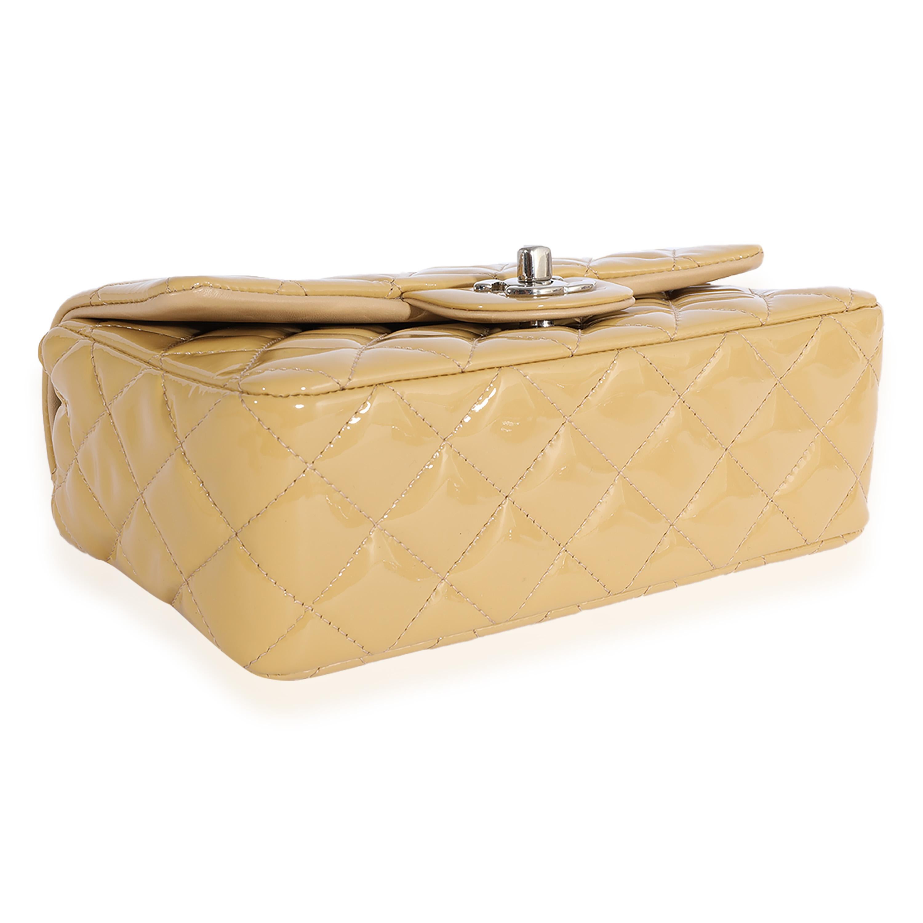 Chanel Beige Quilted Patent Leather Mini Rectangular Classic Flap In Excellent Condition In New York, NY
