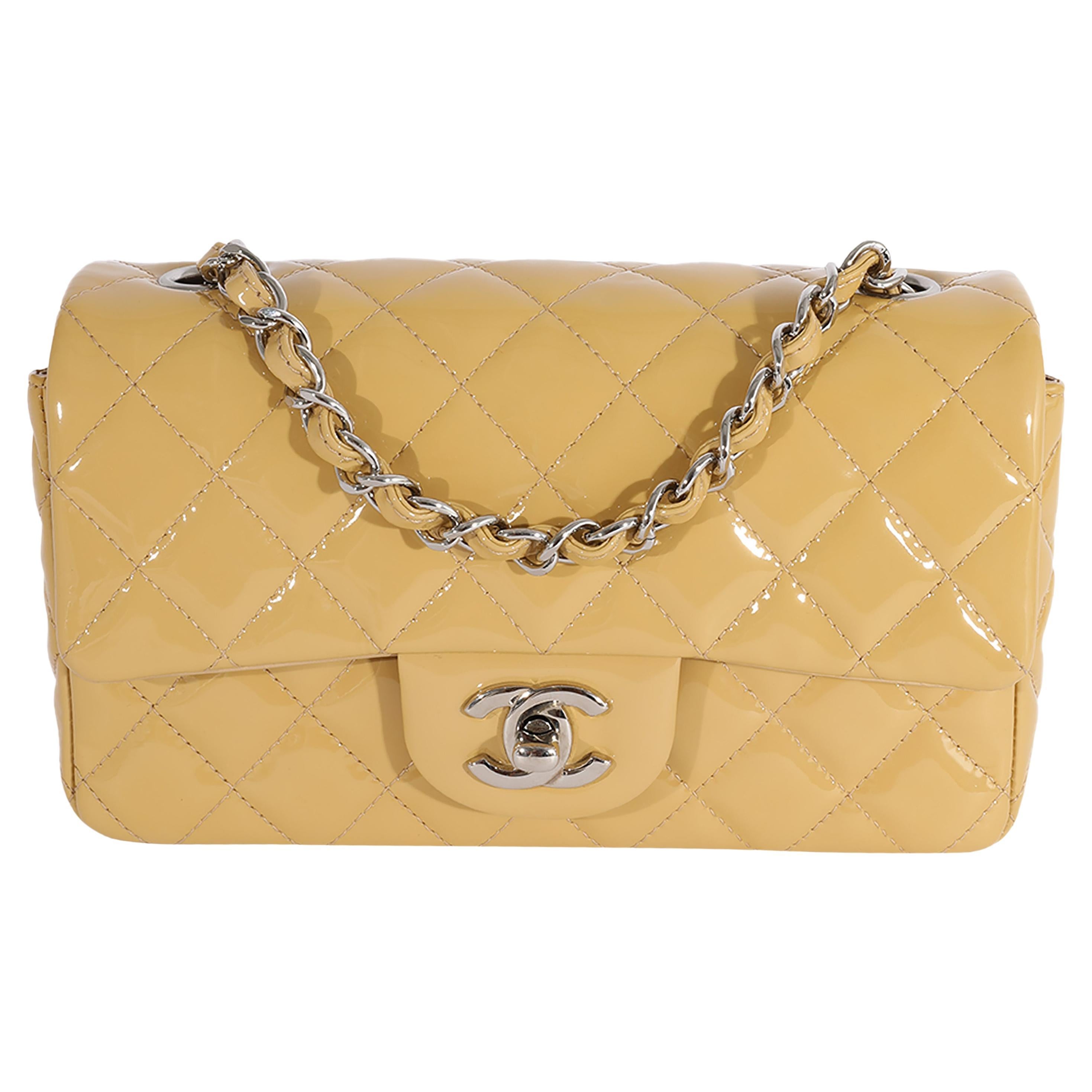 Chanel Beige Quilted Patent Leather Mini Rectangular Classic Flap For Sale  at 1stDibs