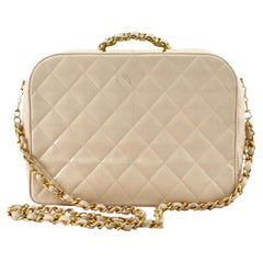 Chanel Beige Quilted Patent Leather Top Handle Vanity Case 2Way Bag