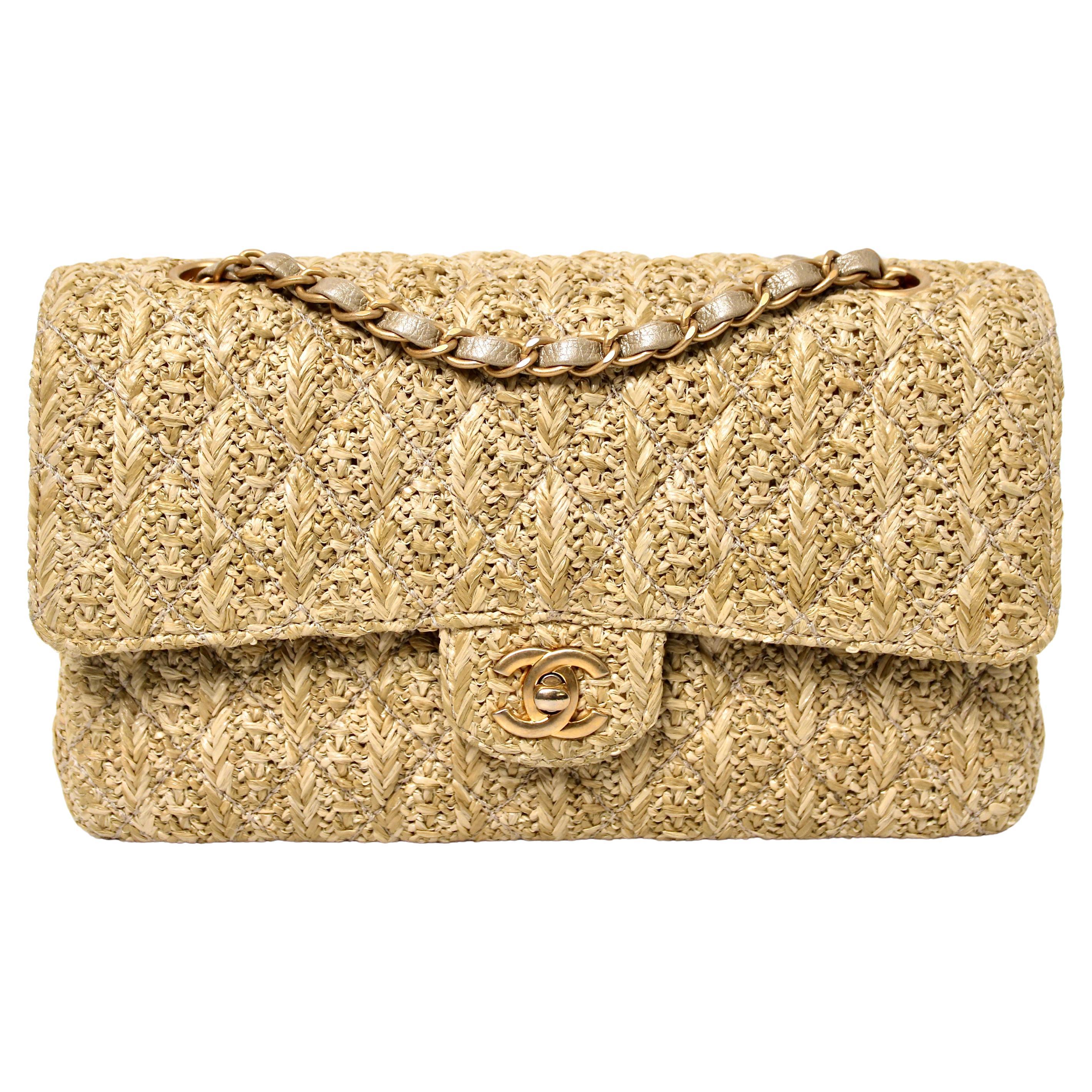 Chanel Beige Quilted Raffia Classic Double Flap Handbag circa 2017