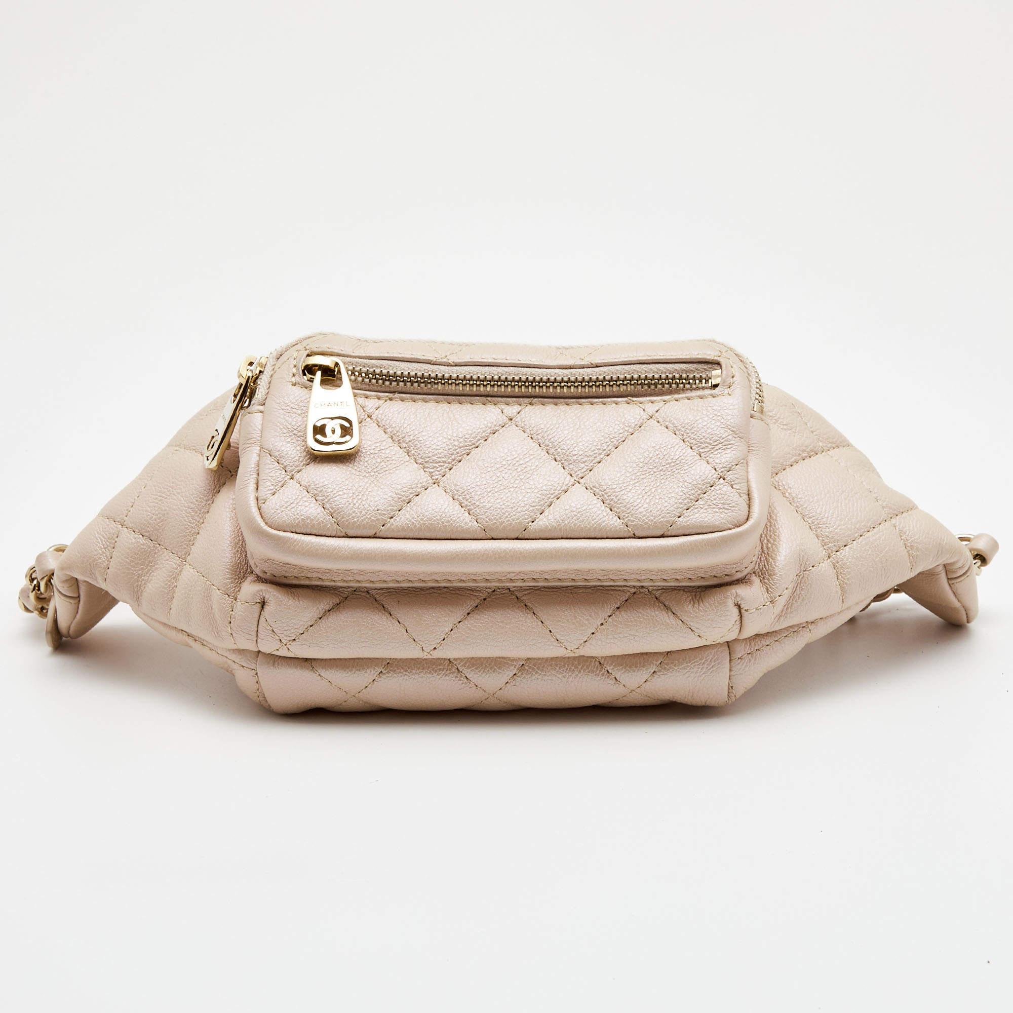Chanel Beige Quilted Shimmer Leather Fanny Pack Waistbelt Bag 1