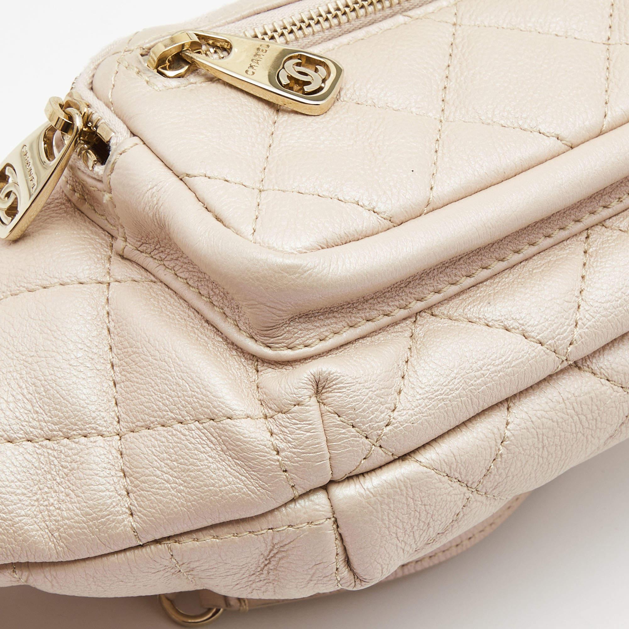 Chanel Beige Quilted Shimmer Leather Fanny Pack Waistbelt Bag 4