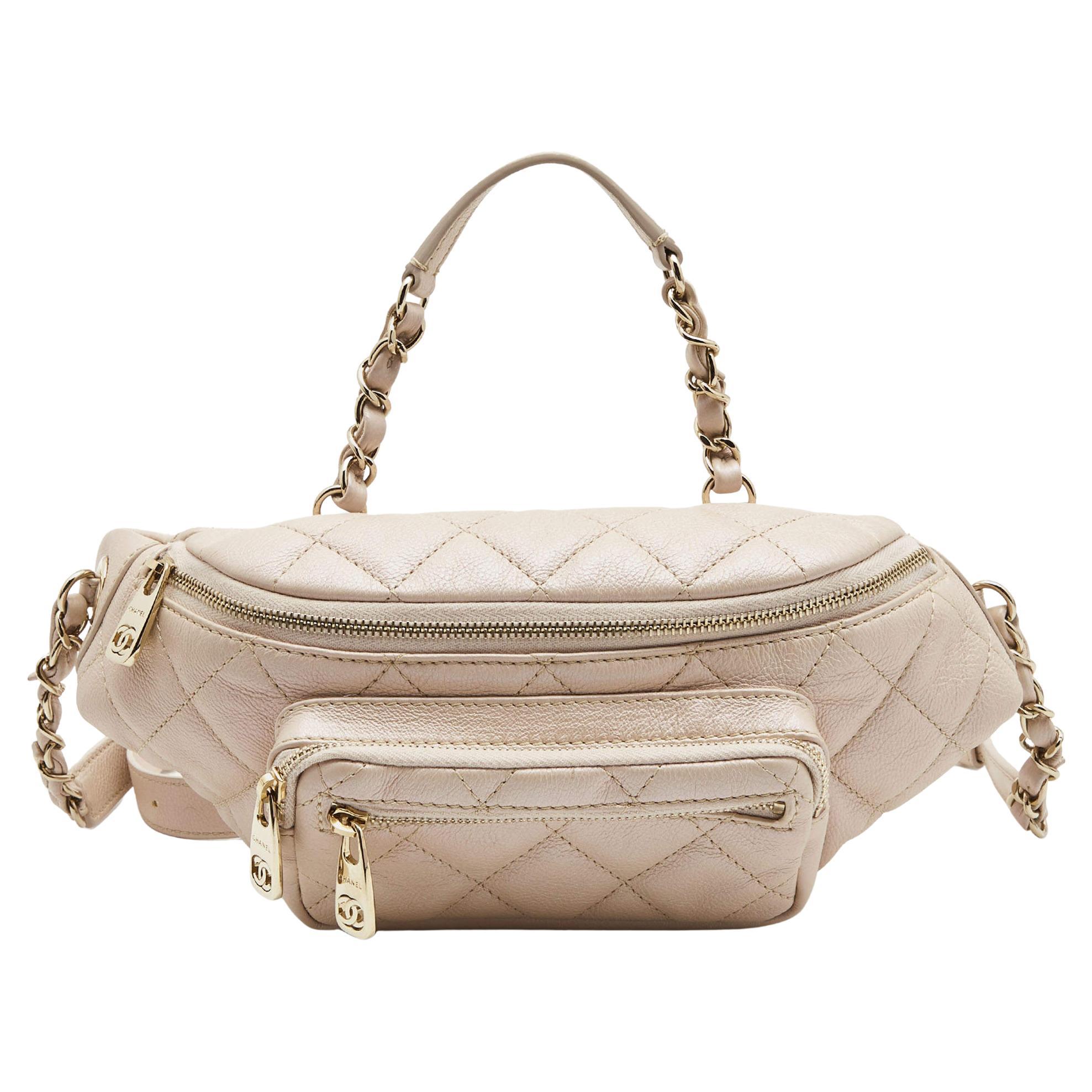 Chanel Beige Quilted Shimmer Leather Fanny Pack Waistbelt Bag