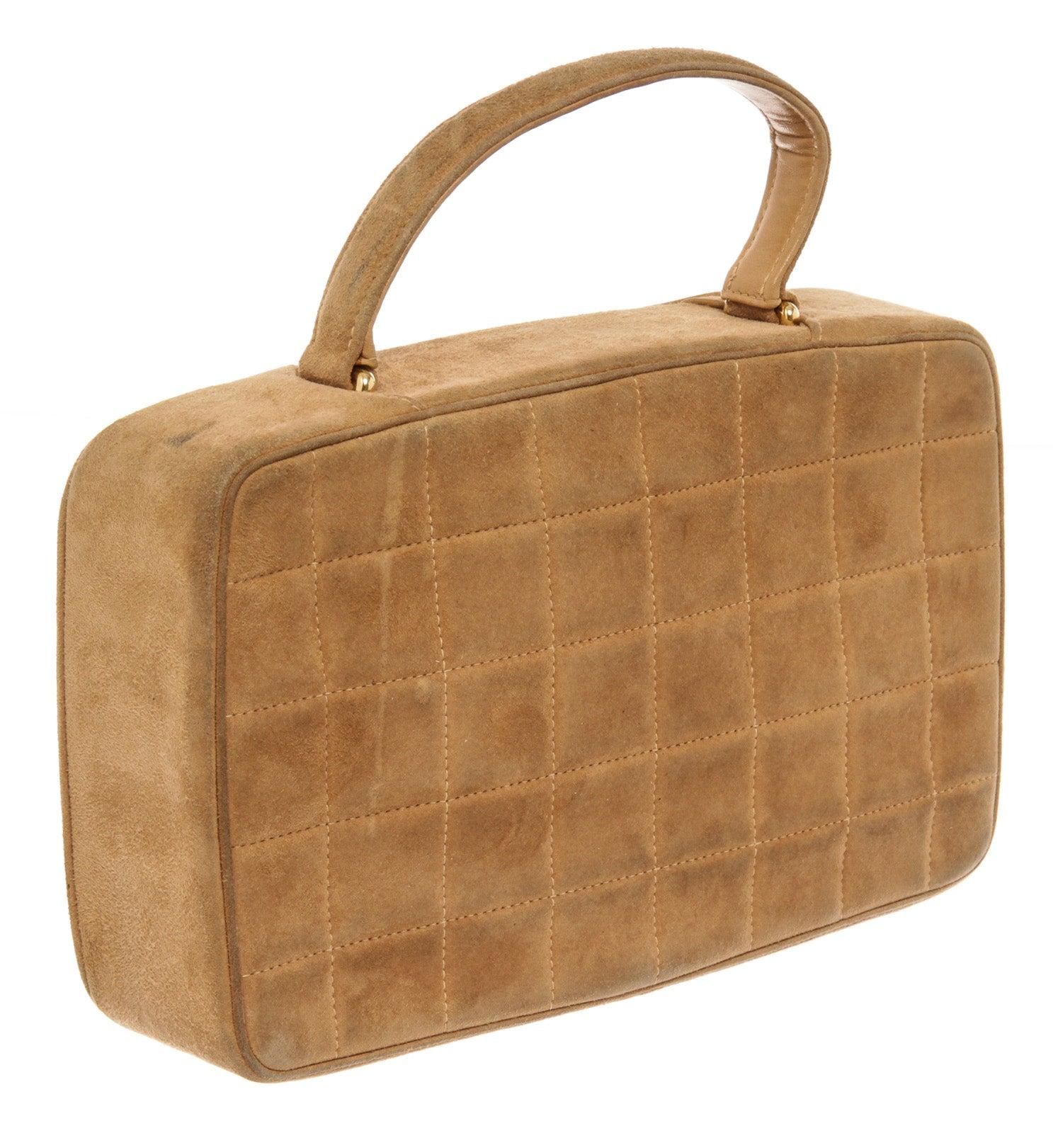Chanel Beige Quilted Suede Chocolate Bar CC Top Handle Bag (CC Snap Replaced) In Good Condition In Irvine, CA