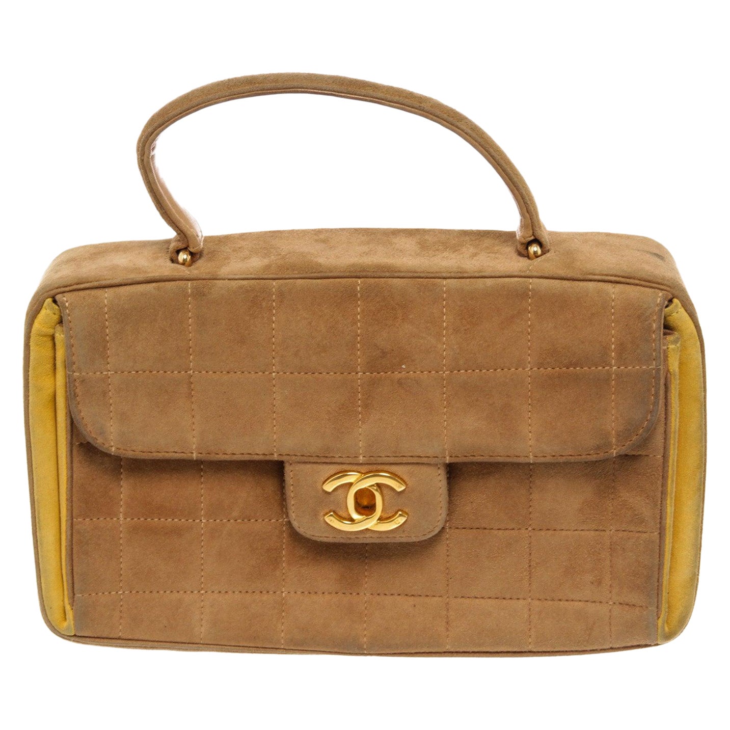 Chanel Beige Quilted Suede Chocolate Bar CC Top Handle Bag (CC Snap Replaced)