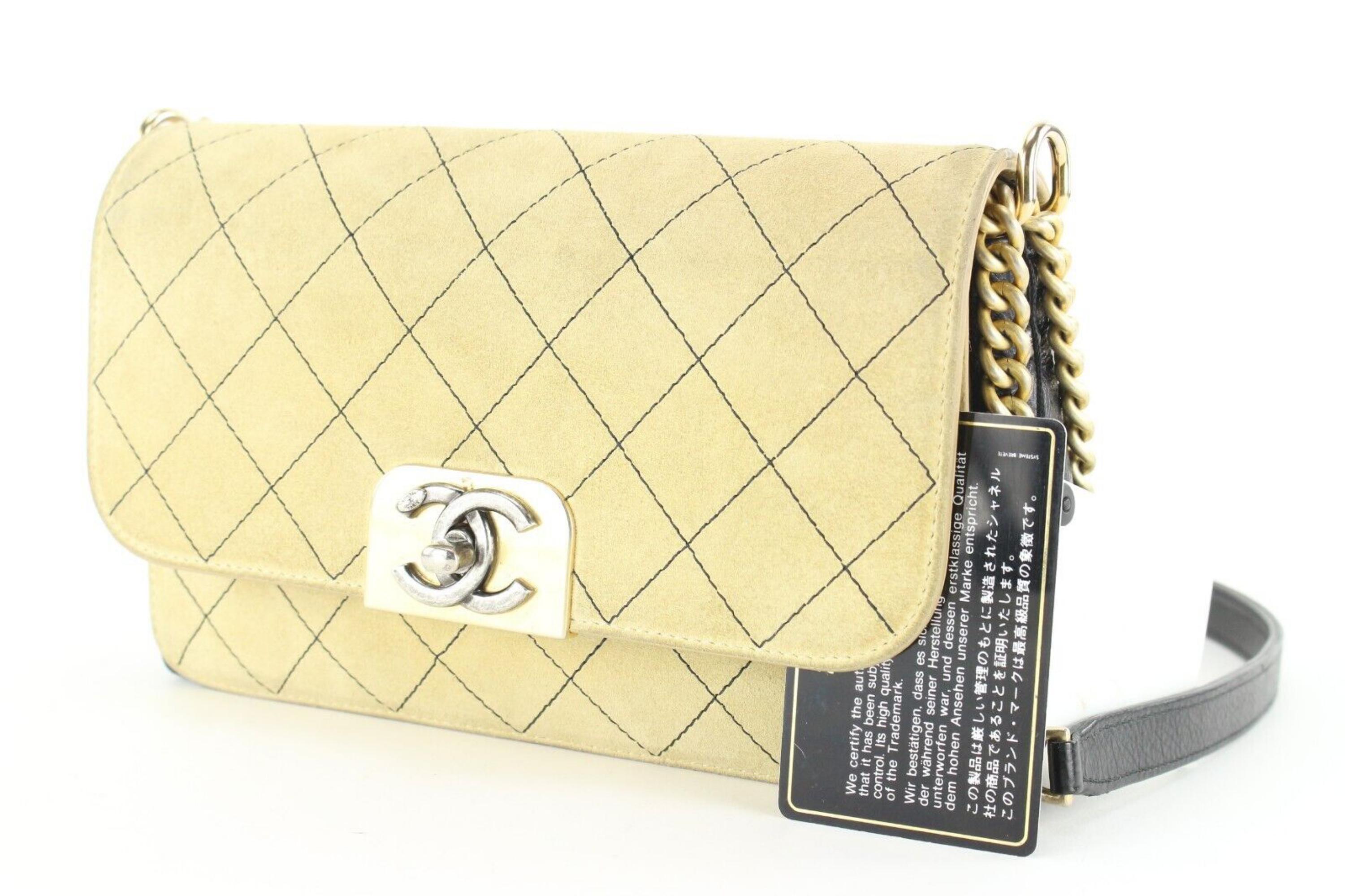 Chanel Beige Quilted Suede x Black Leather Classic Flap Bag 2CC1202 For Sale 8