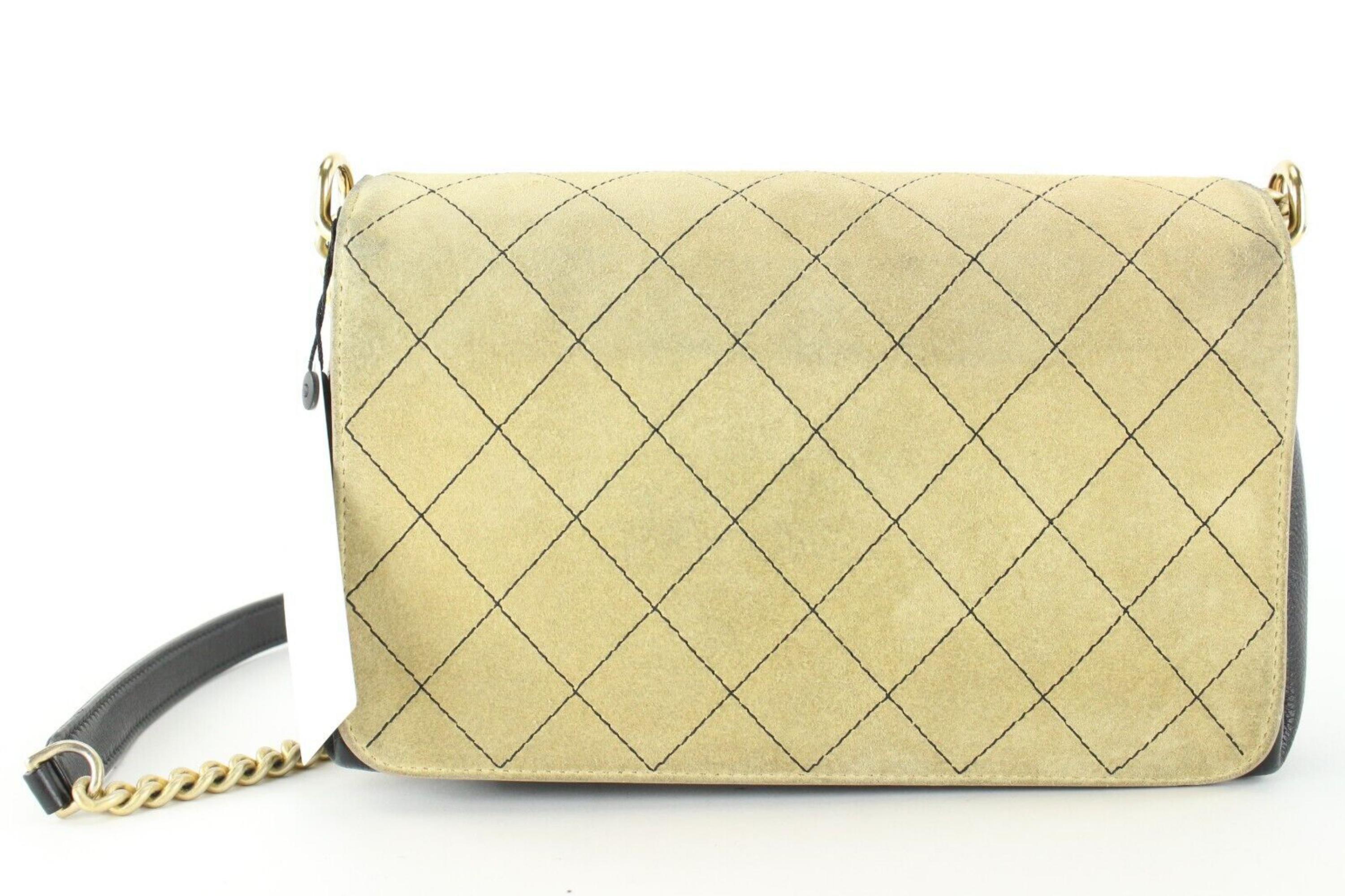 Chanel Beige Quilted Suede x Black Leather Classic Flap Bag 2CC1202 For Sale 3