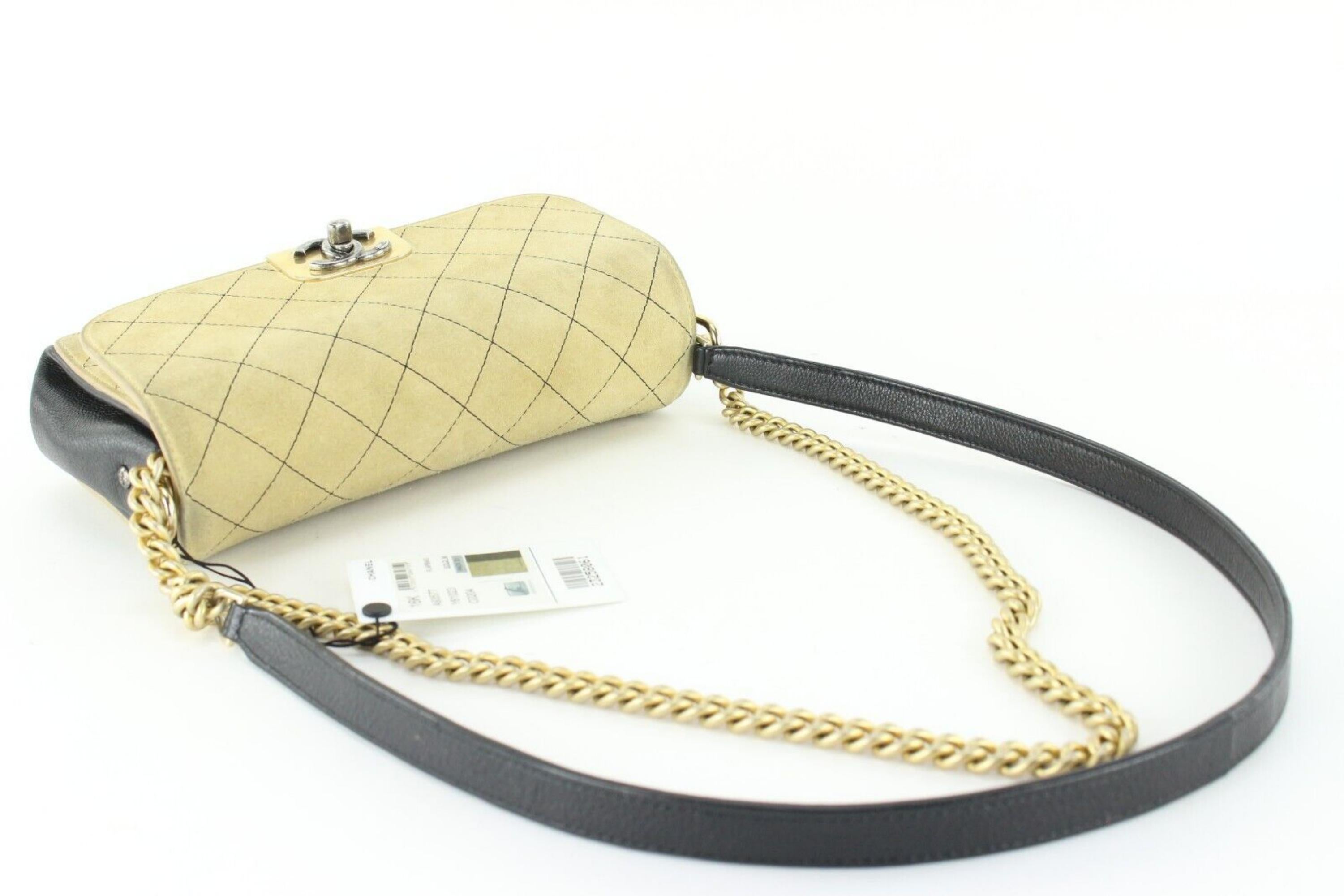 Chanel Beige Quilted Suede x Black Leather Classic Flap Bag 2CC1202 For Sale 4