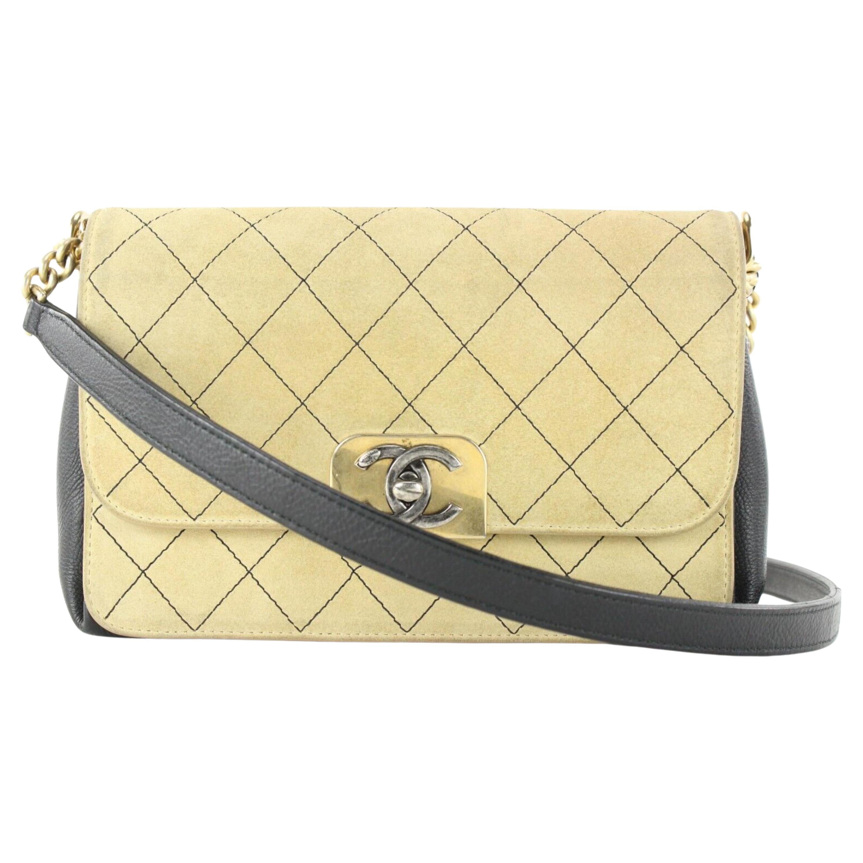 Chanel Beige Quilted Suede x Black Leather Classic Flap Bag 2CC1202 For Sale