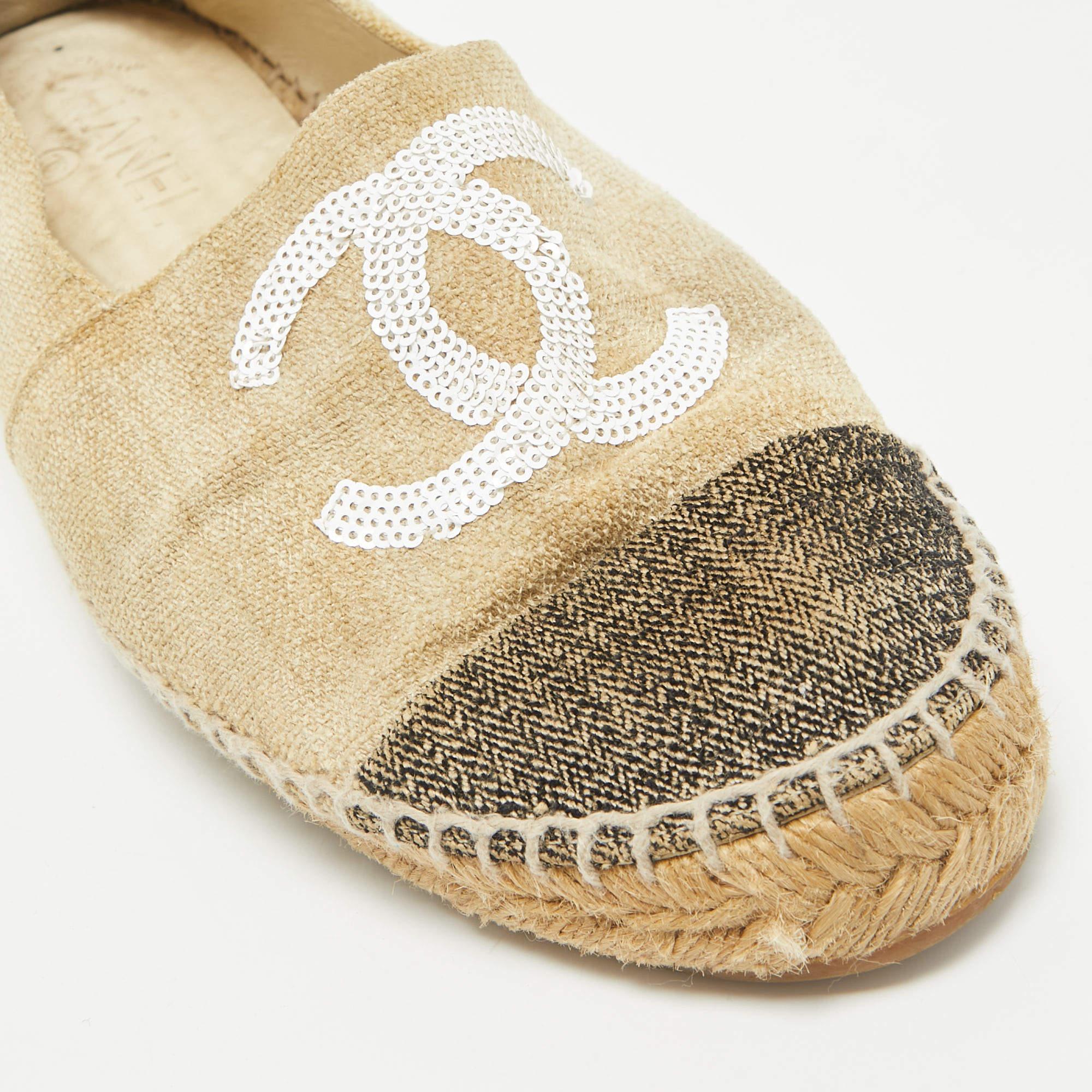 Chanel Beige Raffia CC Cap Toe Espadrille Flats Size 40 3