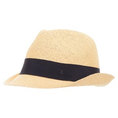 CHANEL beige raffia curled brim navy ribbon CC logo trilby hat M