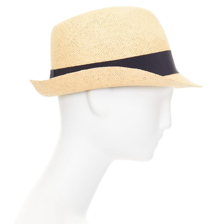 Chanel raffia curled brim navy ribbon CC logo hat CHANEL beige raffia curled brim navy ribbon CC logo trilby  main image 4