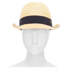 CHANEL beige raffia curled brim navy ribbon CC logo trilby hat M