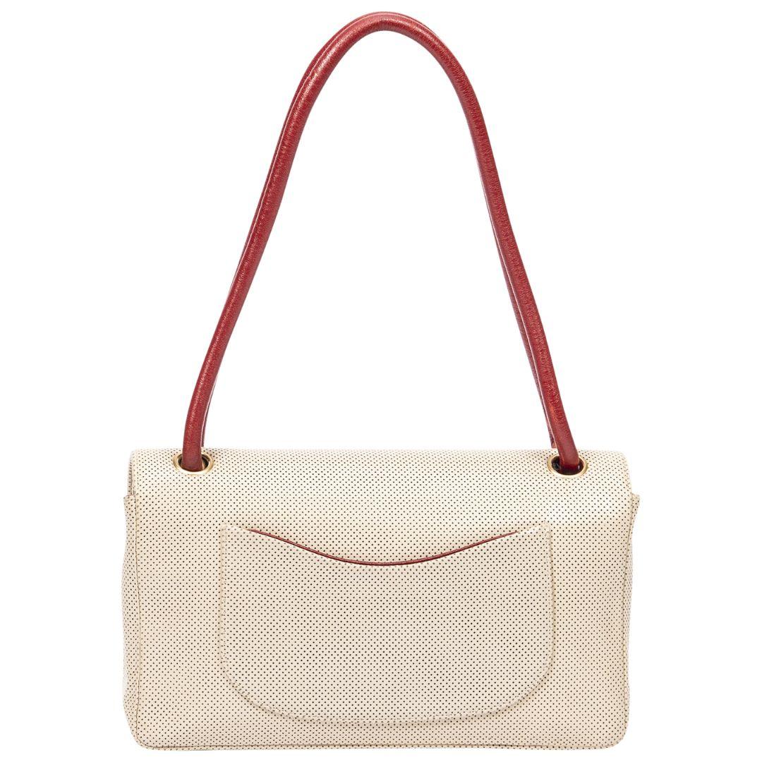 Chanel Beige/Red Perforated Leather CC Turnlock Flap Bag In Excellent Condition For Sale In Atlanta, GA