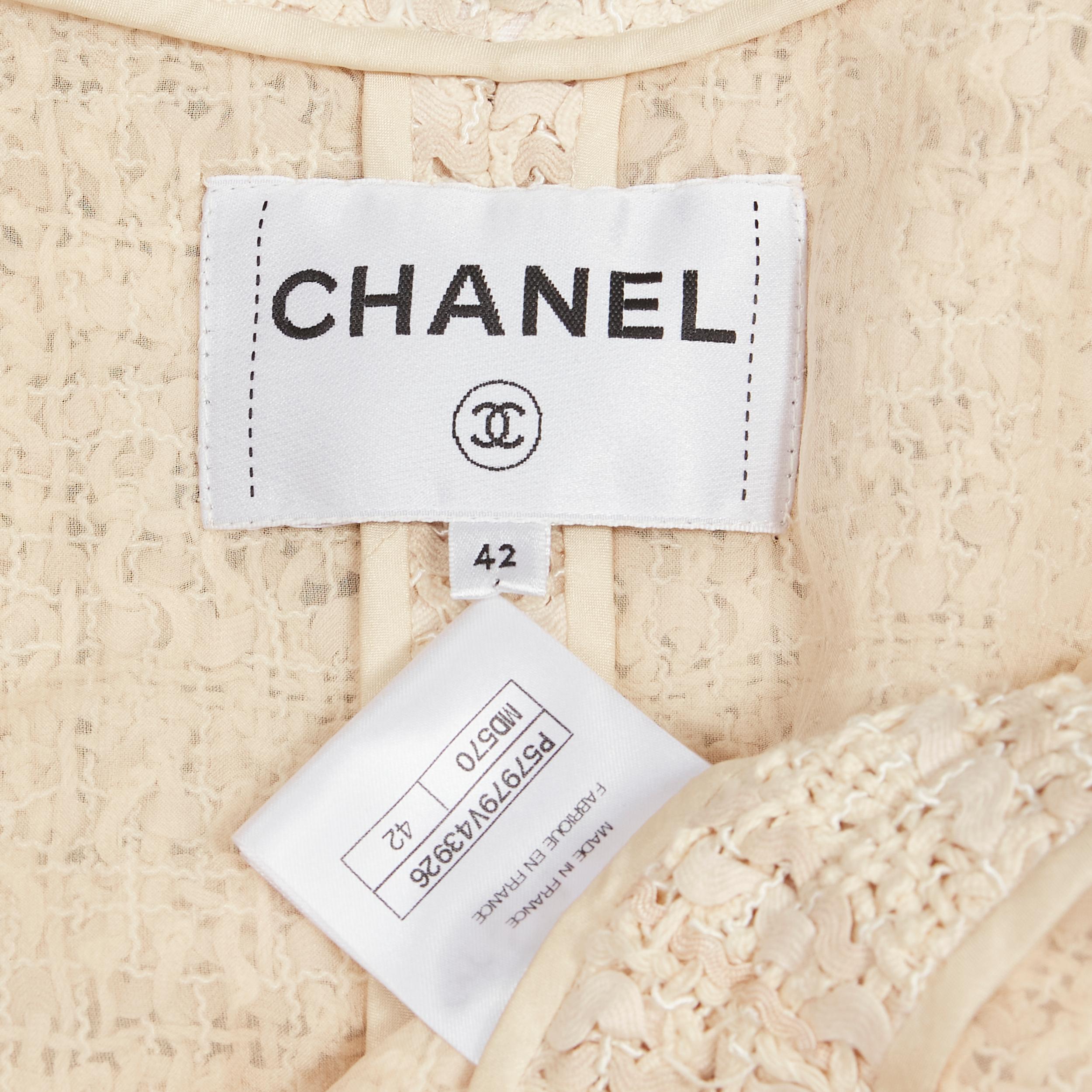 CHANEL beige ribbon tweed CC embellished rope belt wrap jacket FR42 XL For Sale 6