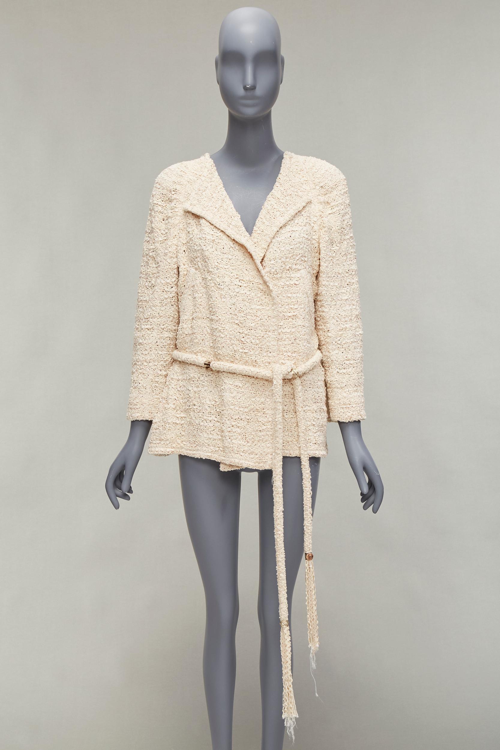 CHANEL beige ribbon tweed CC embellished rope belt wrap jacket FR42 XL For Sale 7