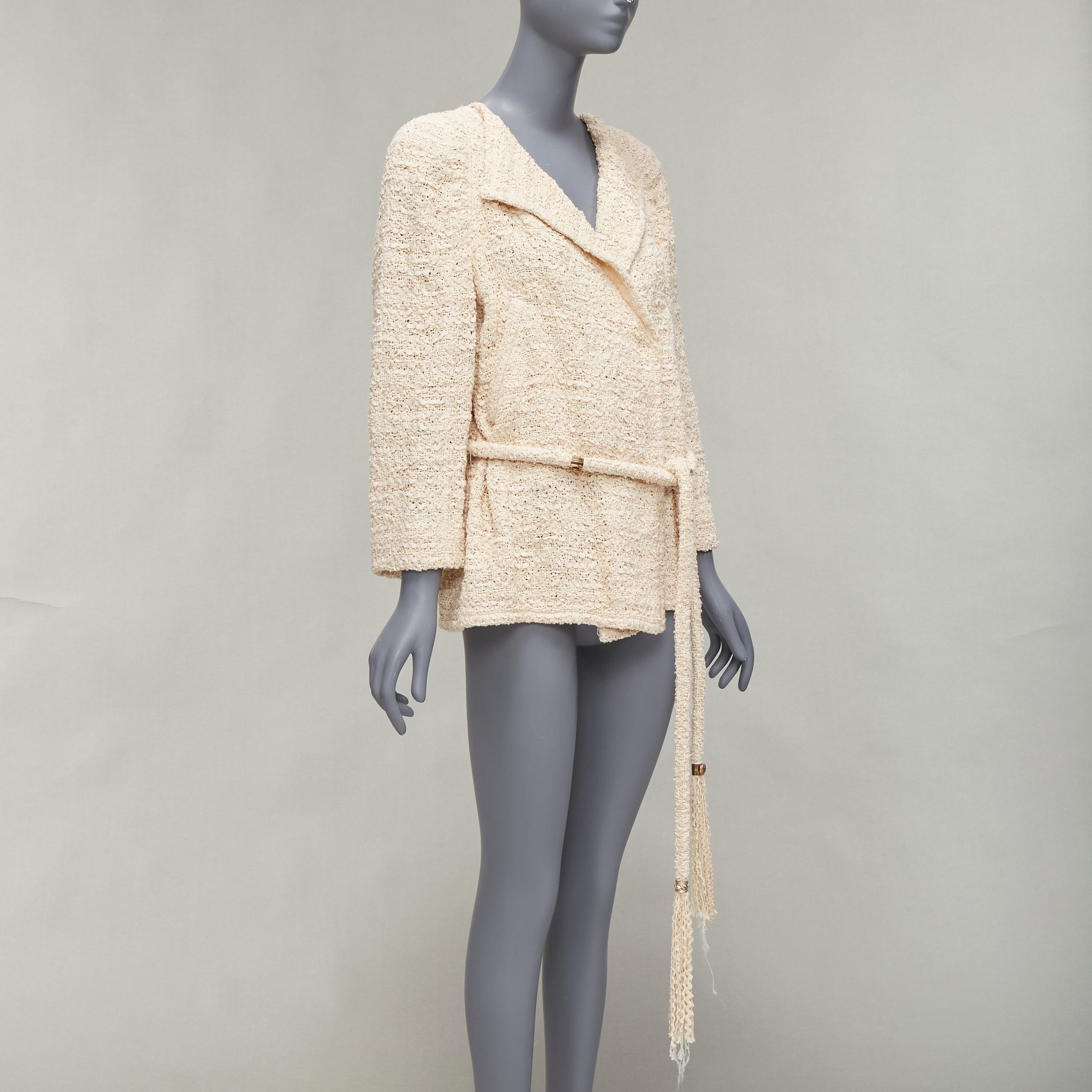 CHANEL beige ribbon tweed CC embellished rope belt wrap jacket FR42 XL In Good Condition For Sale In Hong Kong, NT