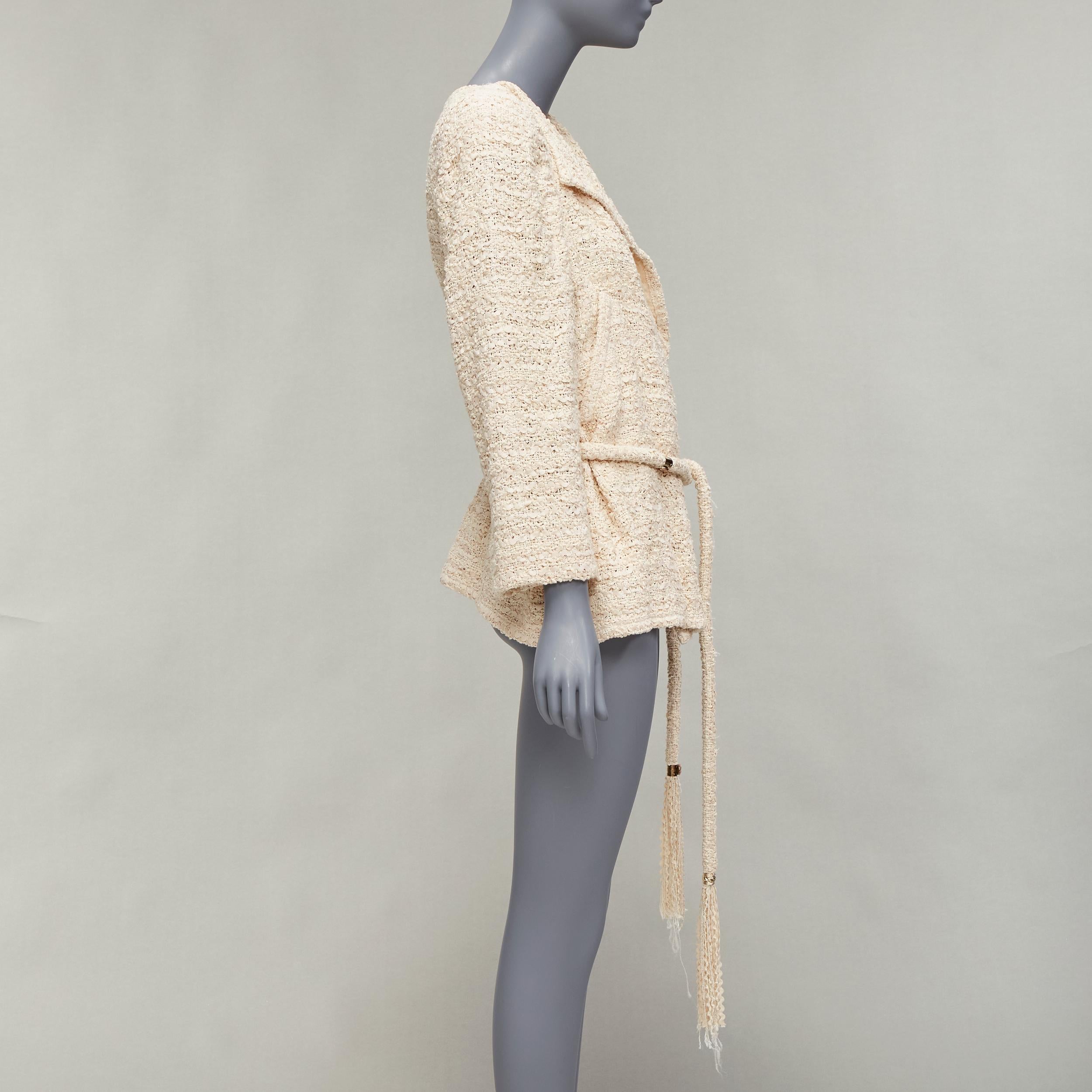 Women's CHANEL beige ribbon tweed CC embellished rope belt wrap jacket FR42 XL For Sale