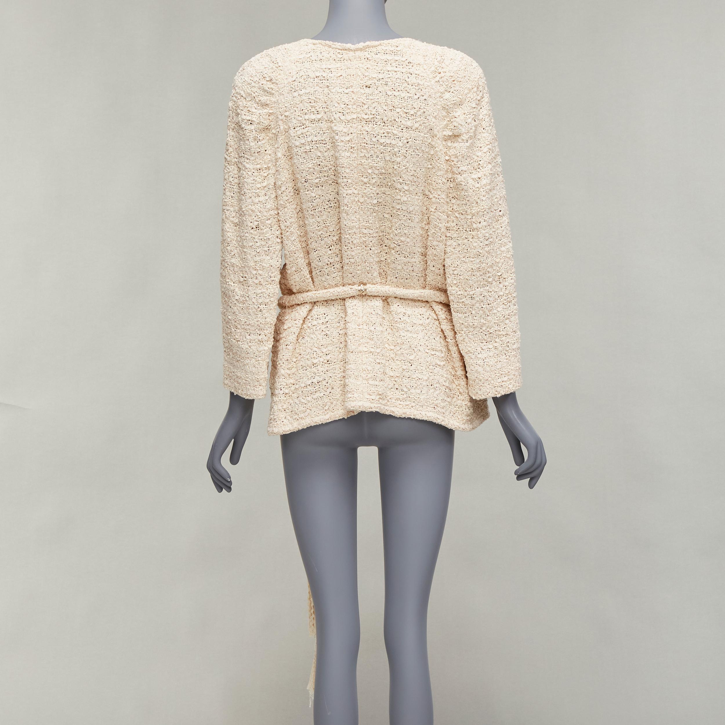 Women's CHANEL beige ribbon tweed CC embellished rope belt wrap jacket FR42 XL