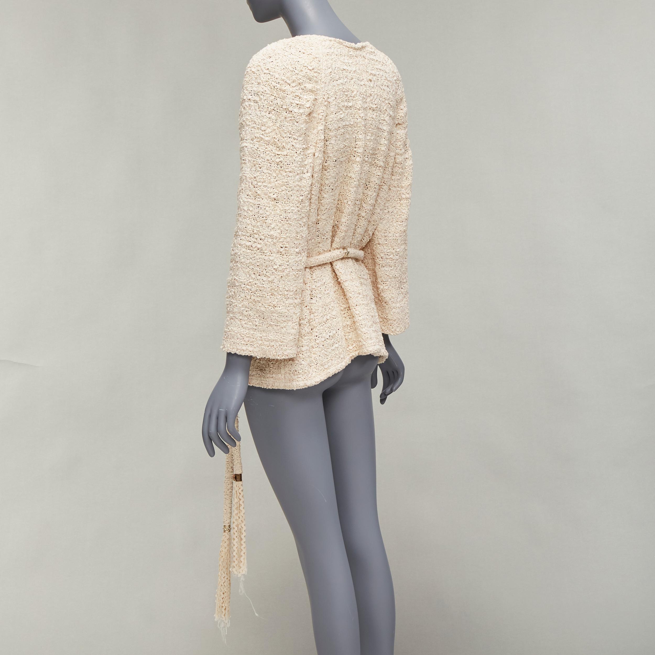 CHANEL beige ribbon tweed CC embellished rope belt wrap jacket FR42 XL 1