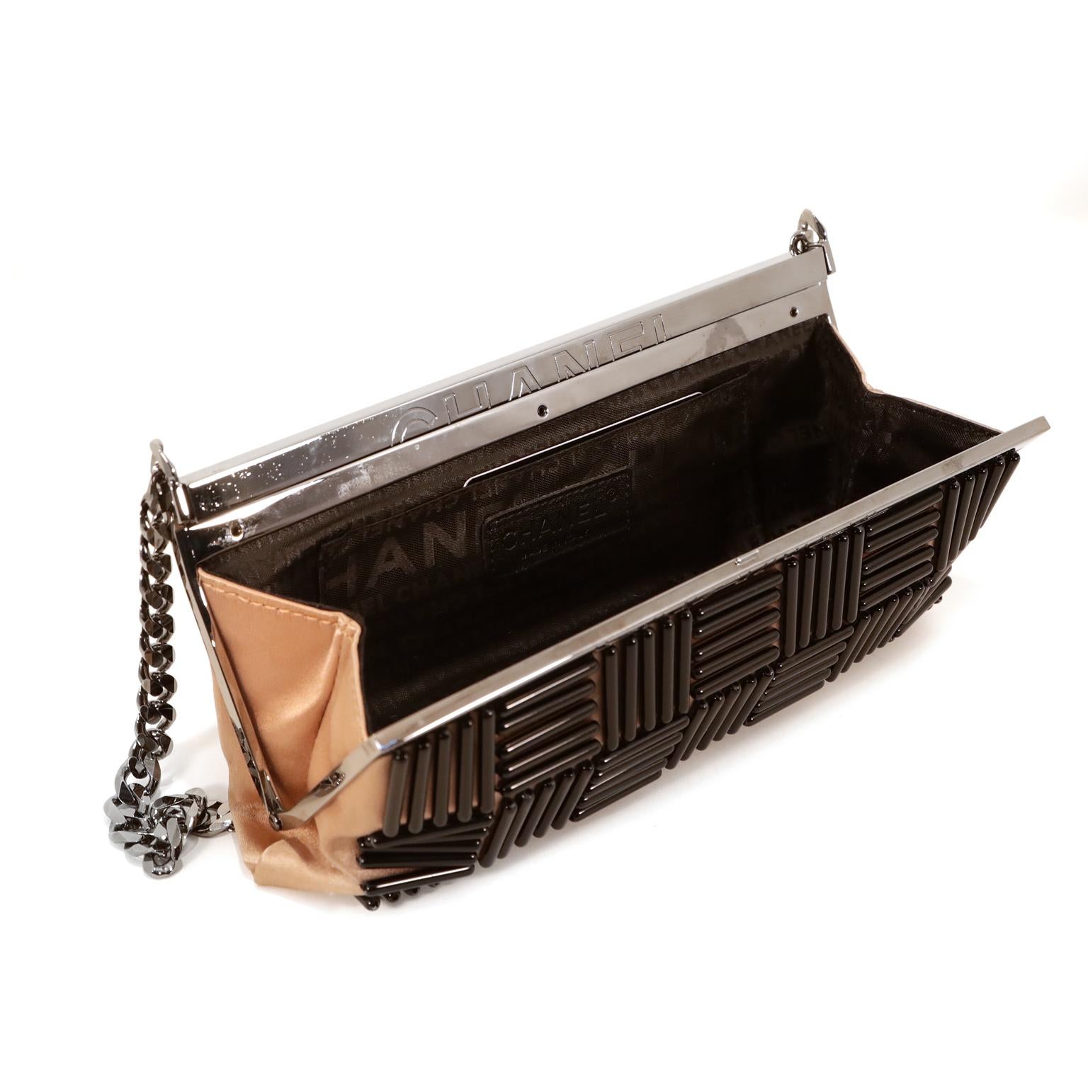 Women's Chanel Beige Satin Applique Frame Bag For Sale