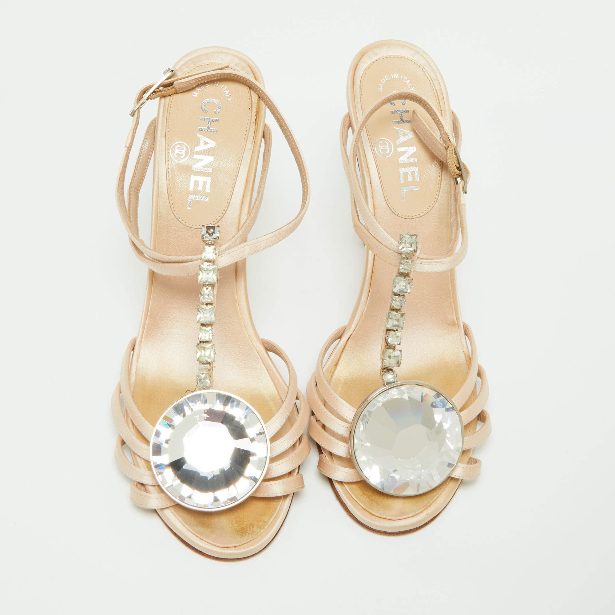 Women's Chanel Beige Satin Crystal Embellished Slingback Sandals Size 39.5 For Sale