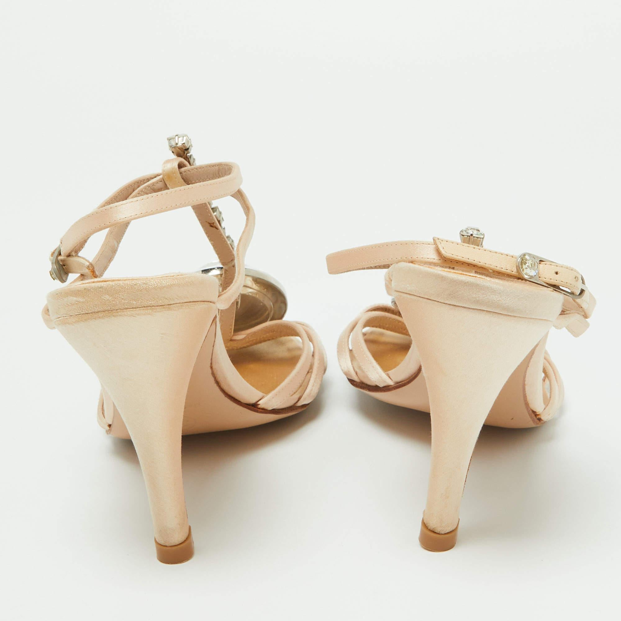 Chanel Beige Satin Crystal Embellished Slingback Sandals Size 39.5 For Sale 3