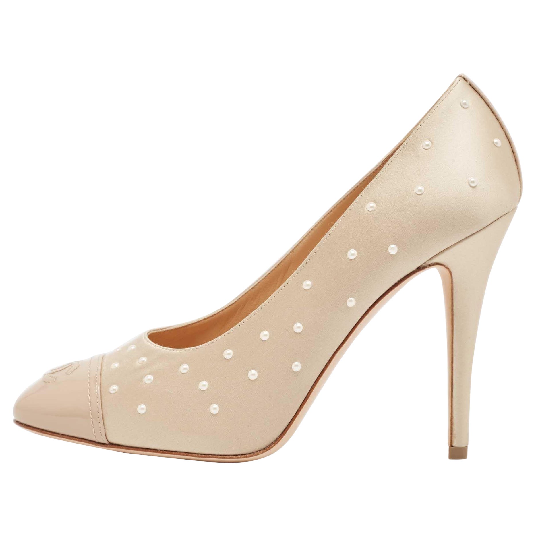 Chanel Beige Satin Pearl Embellished CC Cap Toe Pumps Size 40