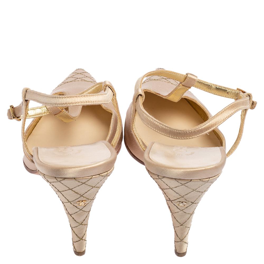 Chanel Beige Satin Pointed Cap Toe T Strap Pumps Size 38.5 In New Condition In Dubai, Al Qouz 2