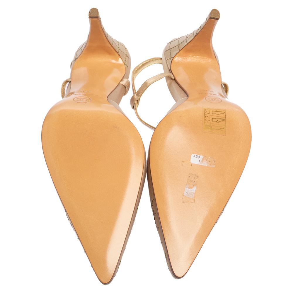 Women's Chanel Beige Satin Pointed Cap Toe T Strap Pumps Size 38.5