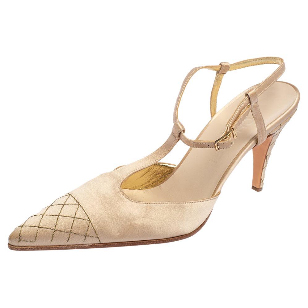 Chanel Beige Satin Pointed Cap Toe T Strap Pumps Size 38.5