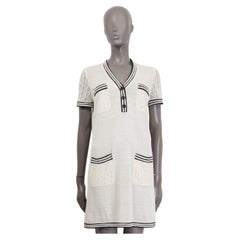 CHANEL beige silk blend 20219 CROCHET TRIM KNIT Dress 38 S