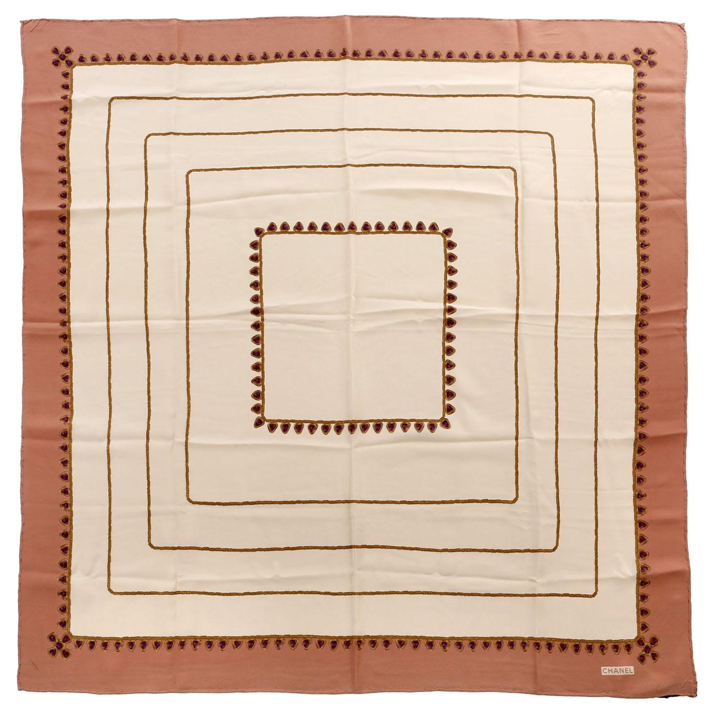 Chanel Beige Silk Geometric Squares Scarf