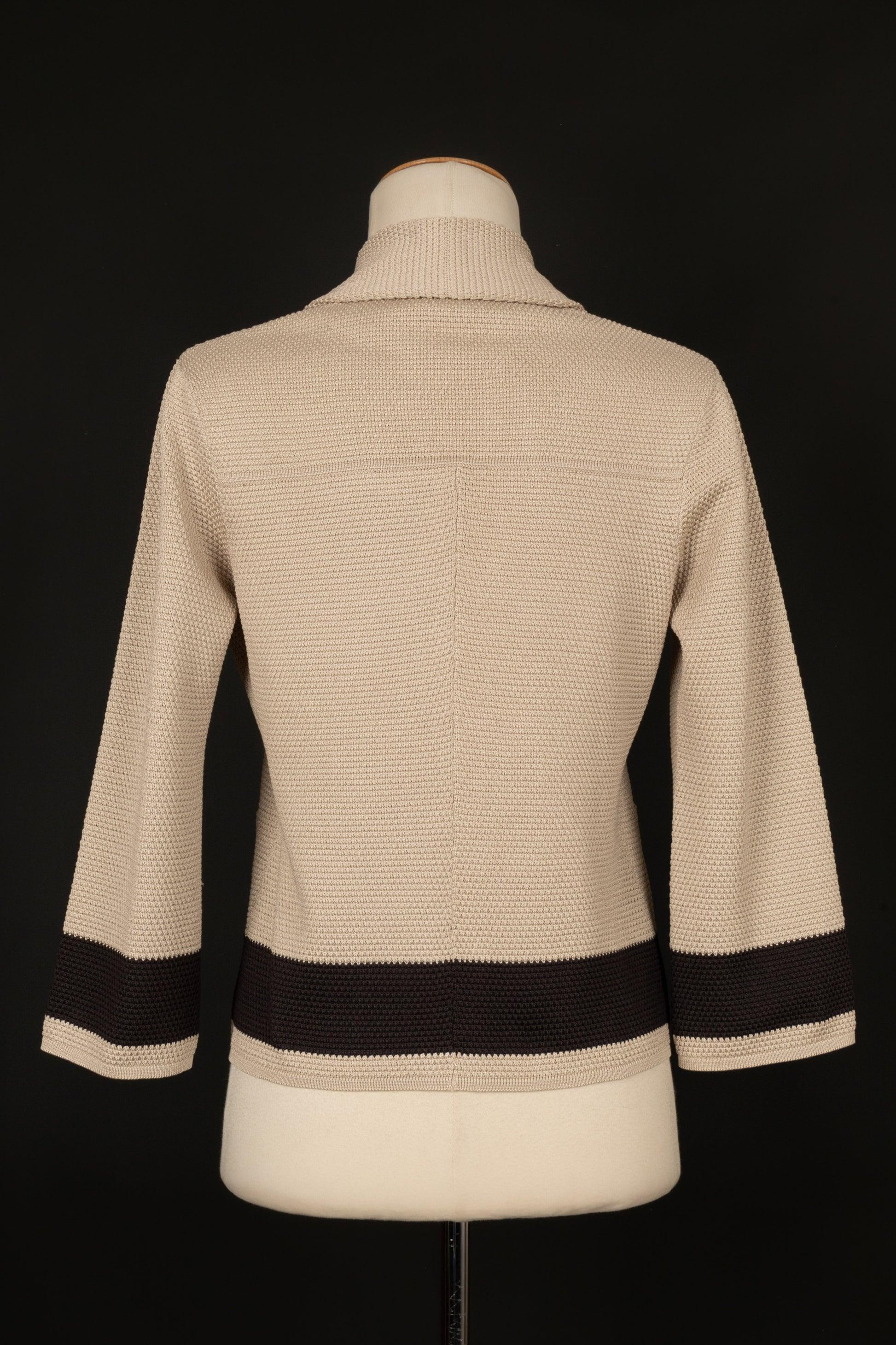 Brown Chanel Beige Silk Jacket Embroidered with Black Strip Spring, 2006 For Sale