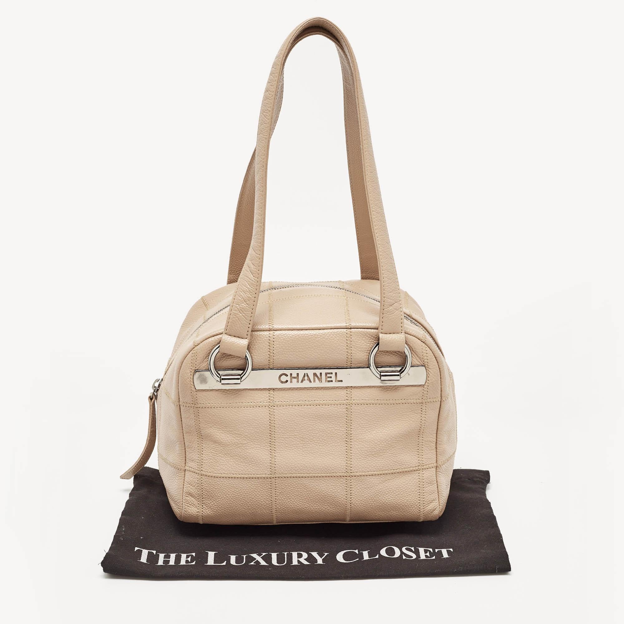 Chanel Beige Square Quilt Caviar Leather LAX Bowler Bag 13