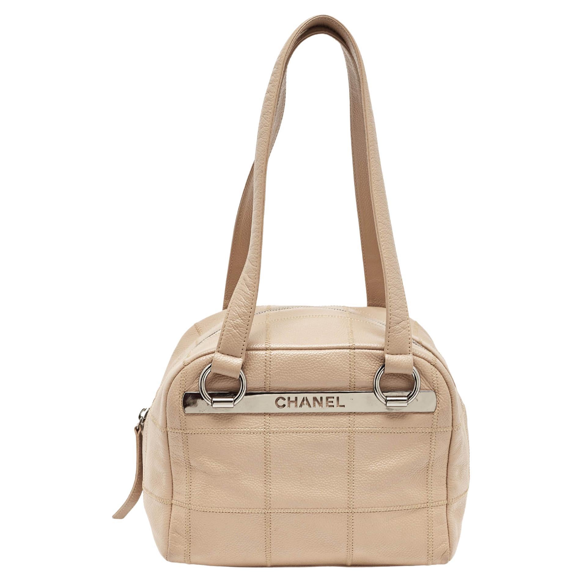 Chanel Beige Square Quilt Caviar Leather LAX Bowler Bag