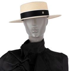 CHANEL beige straw BOATER Hat M