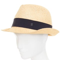 CHANEL beige straw raffia grosgrain ribbon CC logo trilby hat L