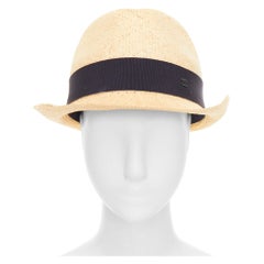 CHANEL beige straw raffia grosgrain ribbon CC logo trilby hat L