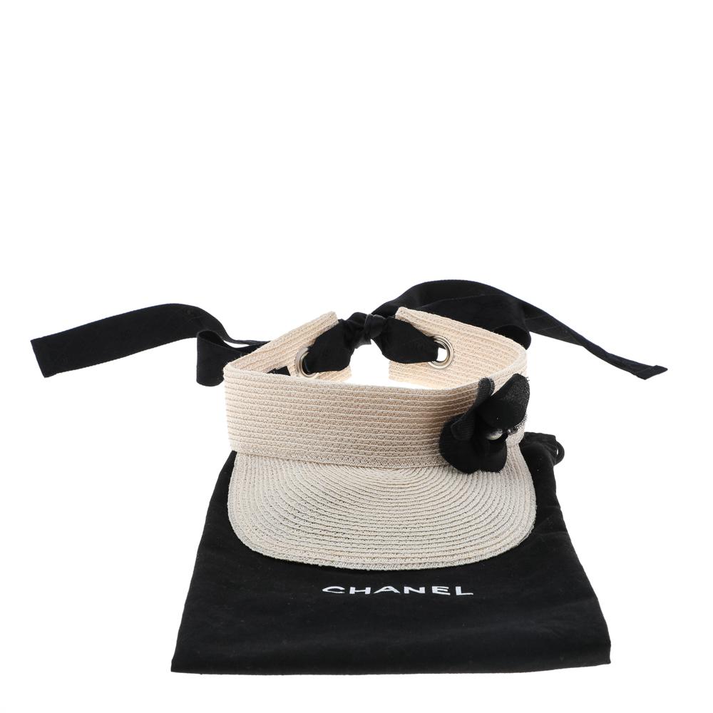 Chanel Beige Straw Tie Up Visor Hat L 1
