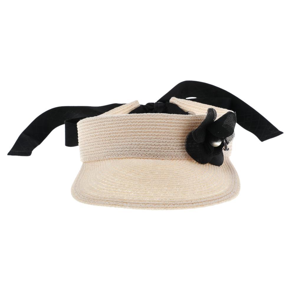 Chanel Beige Straw Tie Up Visor Hat L at 1stDibs