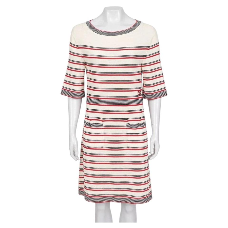 Chanel Beige Striped Print Dress - Size FR36/S For Sale