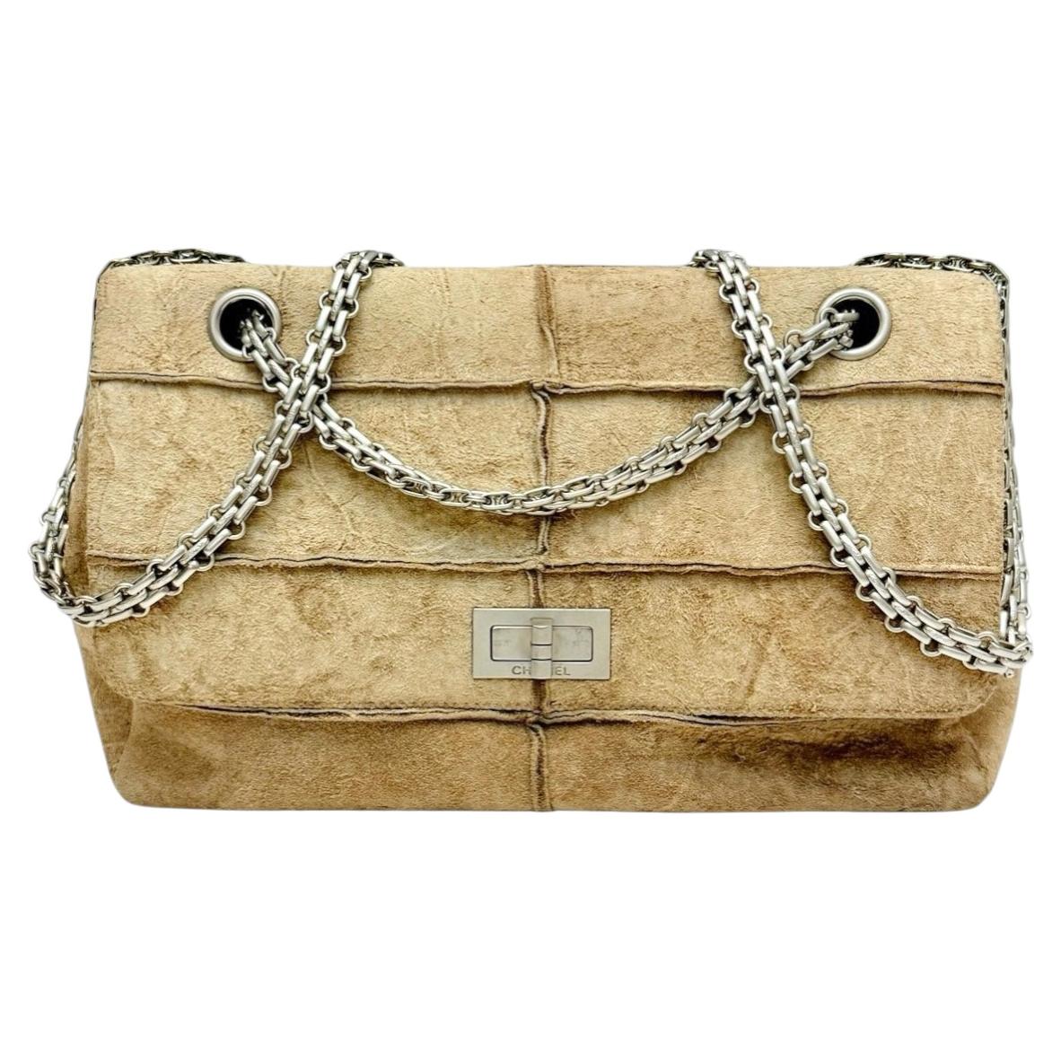 Chanel beige suede 2.55 flap chocolate bar shoulder bag