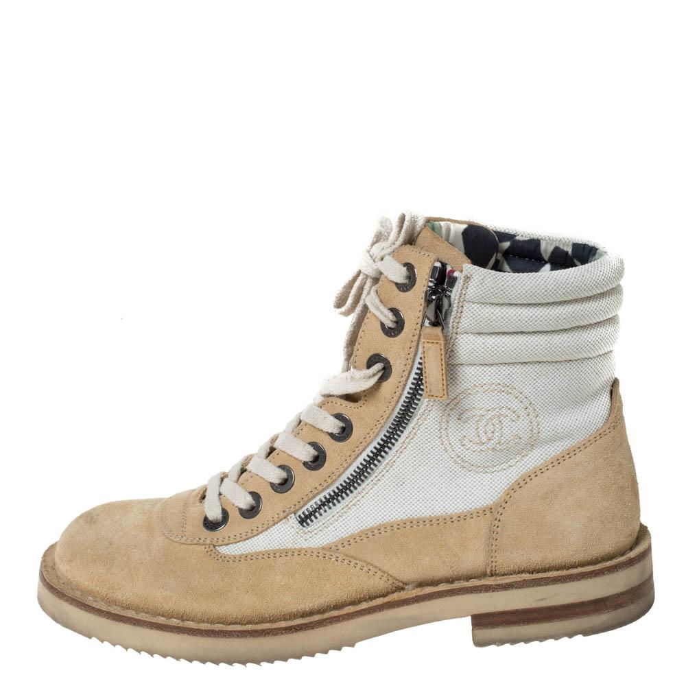 Chanel Beige Suede And White CC Canvas Combat 2x Zip Lace Up Boots Size 38 1