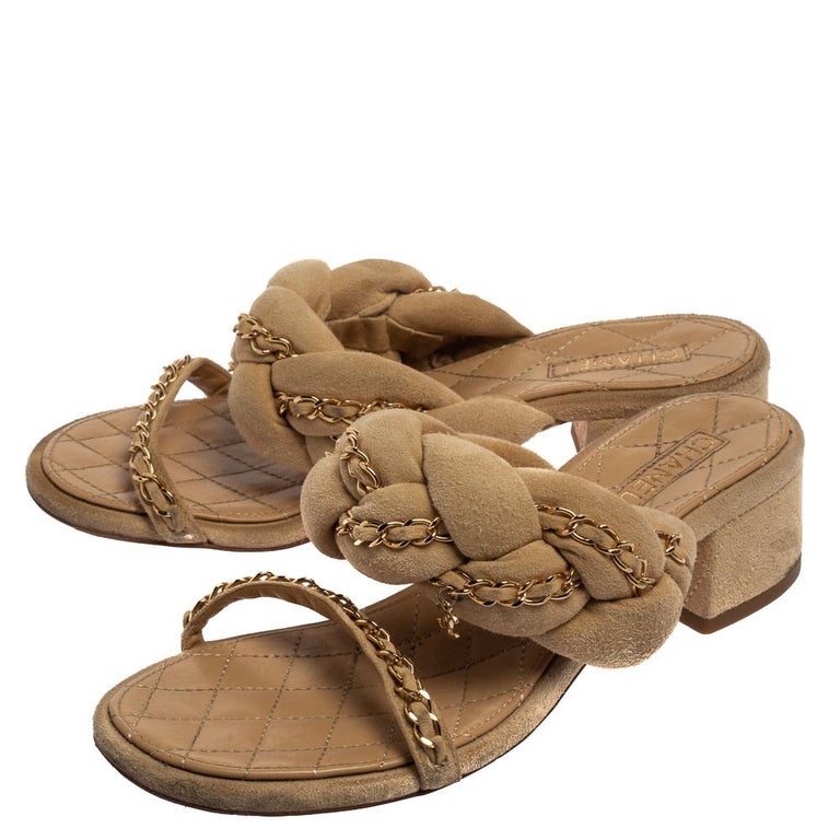 Chanel Beige Suede Braided Chain Embellished Slide Sandals Size 37