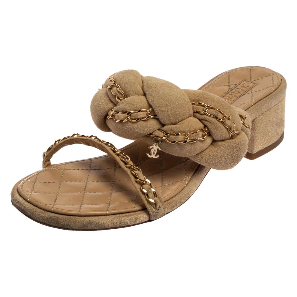 Chanel Beige Suede Braided Chain Embellished Slide Sandals Size 37