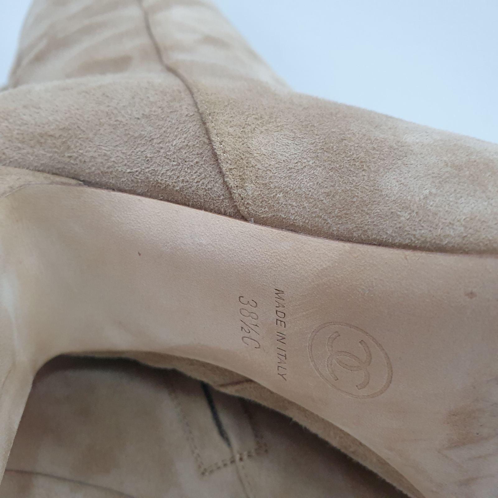 CHANEL Beige Suede Cap Toe CC Thigh High Over The Knee Tall Boots For Sale 1