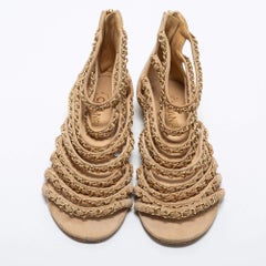 Chanel Beige Suede Chain Strappy Flat Sandals Size 39