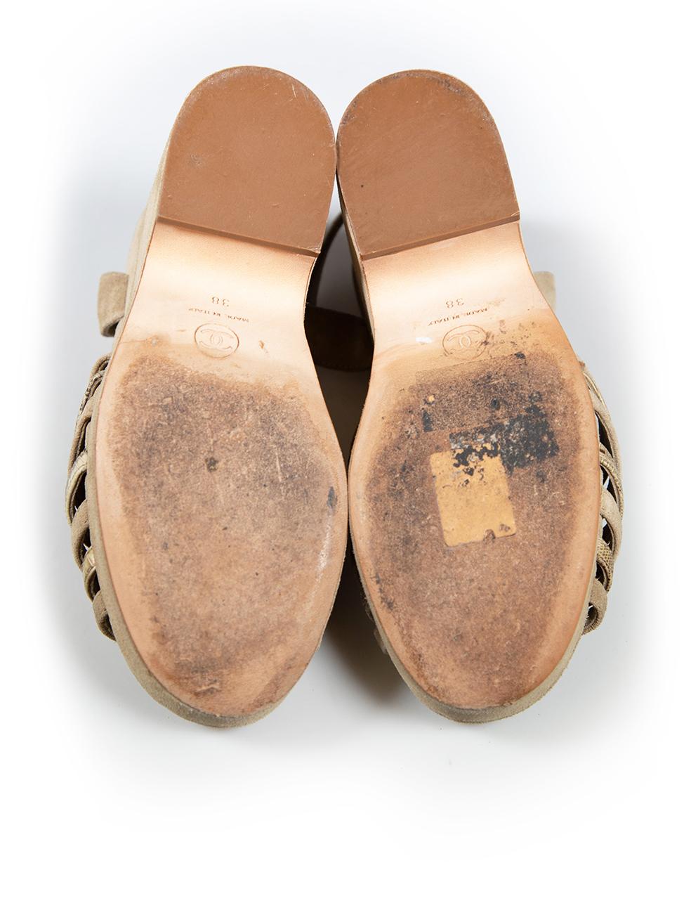 Women's Chanel Beige Suede Interlocking CC Strap Wedge Sandals Size IT 38 For Sale