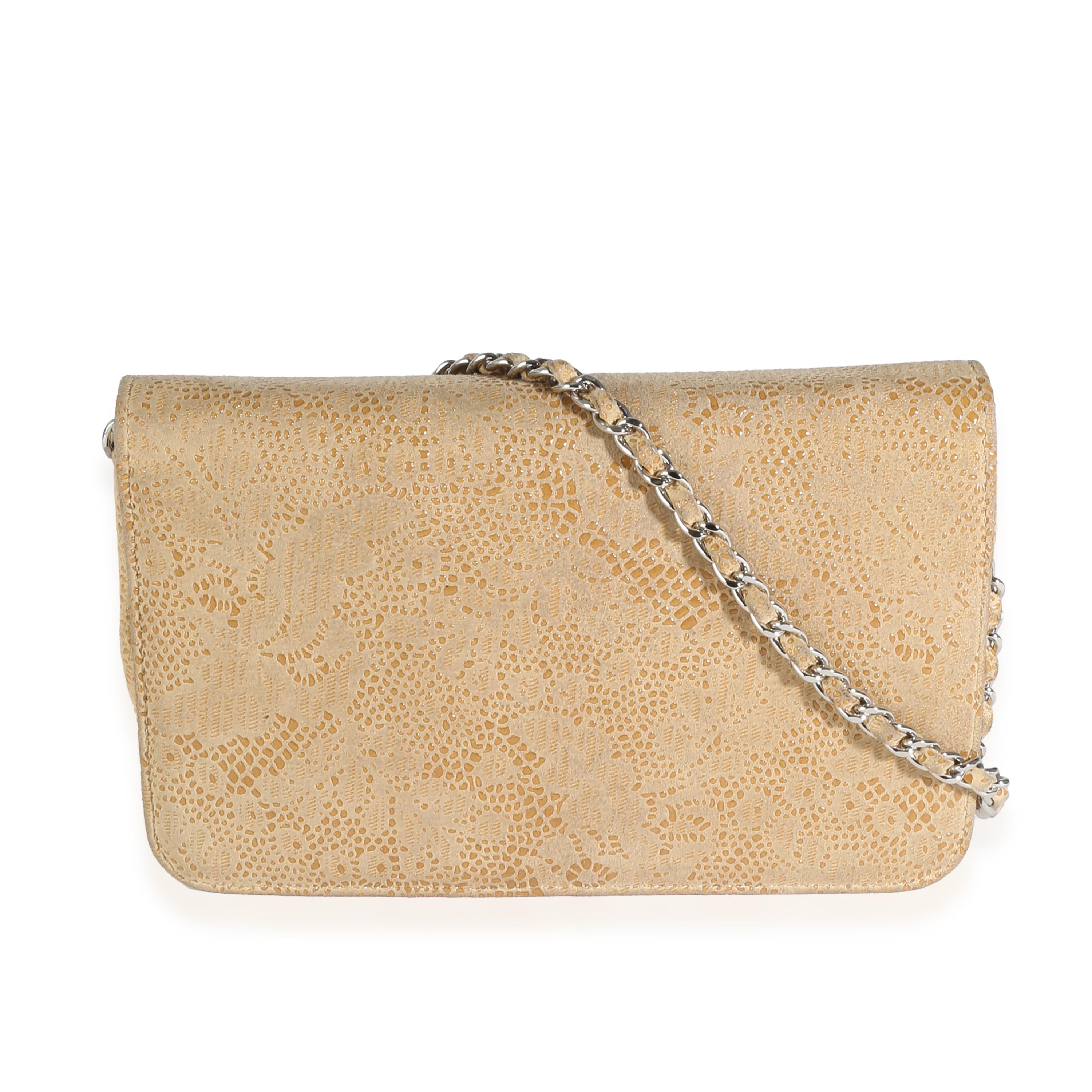 Listing Title: Chanel Beige Suede Lace Over Wallet On Chain
Handbag Condition: Fair
Condition Comments: Item is in fair condition with prominent signs of wear. Scuffing, discoloration along corners, piping and strap. Marks and staining throughout